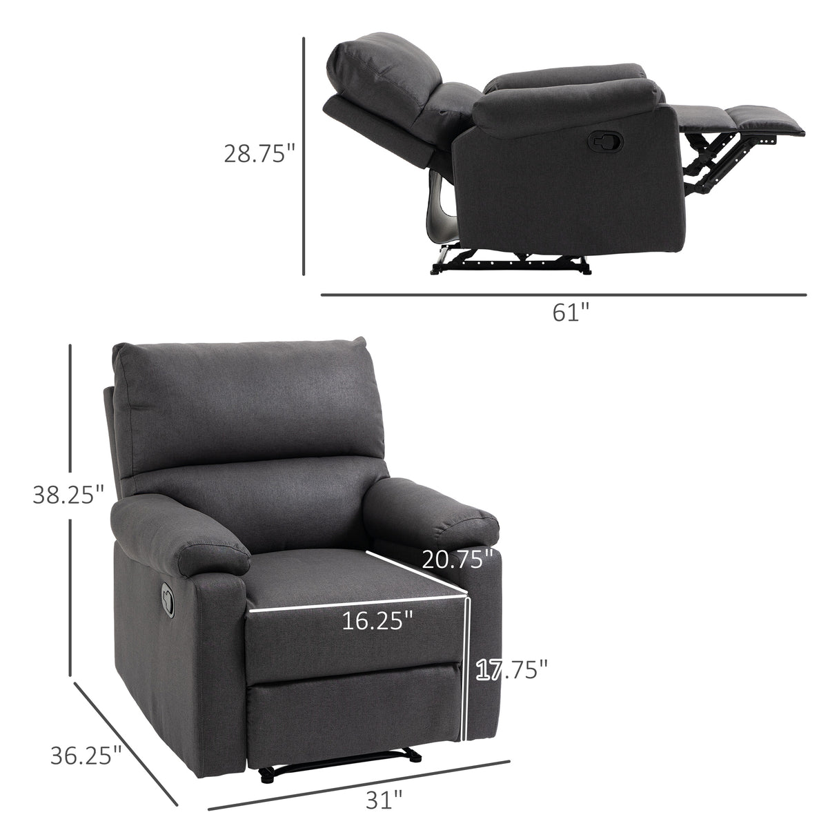 Recliner Chair, Manual Reclining Chair with Footrest, Padded Seat for Living Room, Bedroom, Study, Dark Grey – view 2