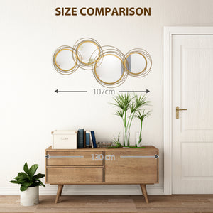 Metal Wall Art Gold Frame Circle Bathroom Mirror Decor Home Hanging Wall Sculptures, 42.25"L x 22"W x 1.5"H, Gold