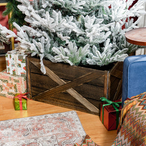 24" Farmhouse Christmas Tree Base Cover Wooden Christmas Tree Collar Box Home Decoration Dark Distressed Wood Finish