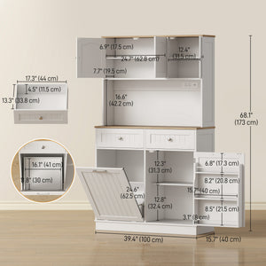68" Pantry Cabinet with Charging Station, Storage Cabinet with Microwave Stand, 10 Gallon Trash Can Cabinet, White