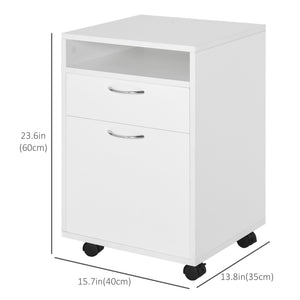 24" Small Filing Cabinet with Open Compartment, Drawer and Wheels, Home Office Storage Cabinet, White