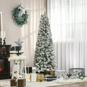 6 Foot Pencil Snow Flocked Artificial Christmas Tree with 600 Pine Realistic Branches, Pine Cones – view 7