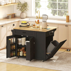 Kitchen Island Cart, Portable Kitchen Island Table with Charging Station, Rubber Wood Drop Leaf – view 7
