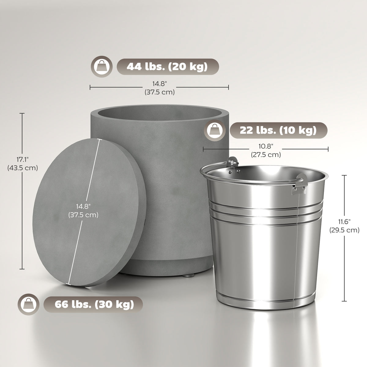 2.6 Gal Outdoor Side Table, 3-In-1 Concrete Cooler Bar Table with Storage, Removable Ice Bucket and Lid, Light Grey