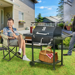 Charcoal BBQ Grill Smoker with Adjustable Charcoal Pan and Galvanised Steel Shell, Barbecue Grill Trolley with Storage