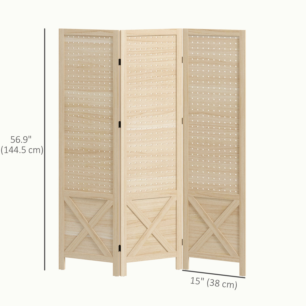 4.7' 3 Panel Wooden Room Divider with Pegboard Display, Folding Privacy Screen for Home Office, Natural – view 2