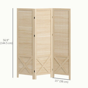 4.7' 3 Panel Wooden Room Divider with Pegboard Display, Folding Privacy Screen for Home Office, Natural – view 2