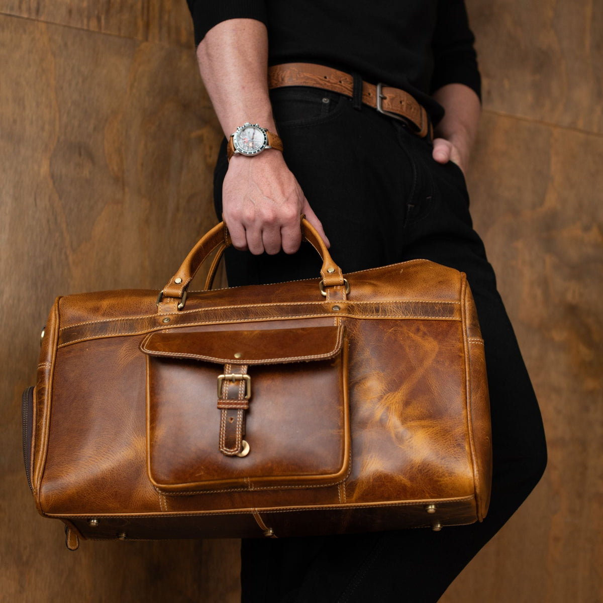 The Voyager Duffle - Cognac Full-Grain Distressed Leather Duffle Bag - NAB Leather