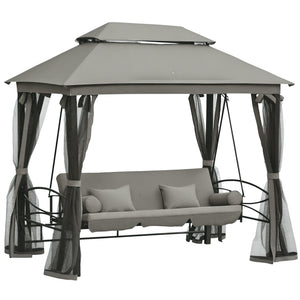 3 Person Outdoor Patio Daybed, 3 in 1 Canopy Gazebo Swing Chair Garden Hammock with Sun Shade, Mesh Mosquito and Net, Dark Grey