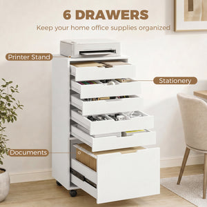File Cabinet on Wheels Mobile Printer Stand with 6 Drawers for Home Office White