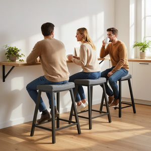 Set of 3 Bar Stools, Velvet Upholstered Counter Stools with Curved Seat and Footrest for Kitchen Island, Grey