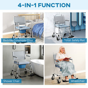 Rolling Shower Chair, Bedside Commode Wheelchair with Padded Seat, Backrest, for Seniors, Disabled, 300 lbs, Grey