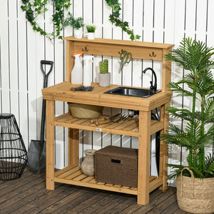 Outdoor Potting Bench Table with Faucet, Removable Sink, Hooks and Storage Shelves – view 14