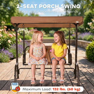 2-Seat Kids Porch Swing Chair, Children Outdoor Patio Furniture Lounge Chair for Garden, with Adjustable Canopy, Seat Belt, Monkey Pattern, for 3-6 Years Old, Coffee