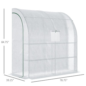 7' x 3' x 7' Outdoor Lean-to Walk-In Greenhouse w/ Roll-up Mesh Windows, Zipper Door and 3-Tier Shelves, White