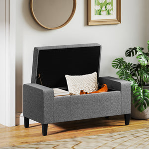 36" Storage Ottoman Bench, Linen-Look Fabric End of Bed Bench with Solid Wood Frame and Legs, Tufted Storage Chest, Footrest for Living Room, Bedroom, Entryway, Grey
