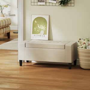 36" Storage Ottoman Bench, Linen-Look Fabric End of Bed Bench with Solid Wood Frame and Legs, Tufted Storage Chest, Footrest for Living Room, Bedroom, Entryway, Beige