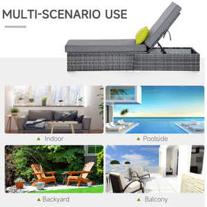 Patio Wicker Lounger, Outdoor PE Rattan Single Chaise Lounge w/Adjustable Recliner Backrest, Cushion, & Pillow, Grey