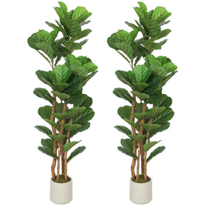 5FT Artificial Fiddle Leaf Fig Tree Set of 2, Fake Potted Tree with Solid Wood Trunks for Indoor Decor, Green