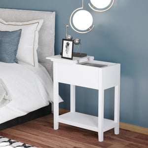 Flip Top End Table, Side Table with Storage Shelf and Cable Management, Narrow Nightstand for Living Room, Bedroom, White