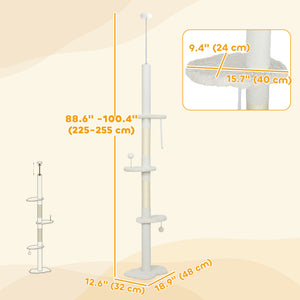 88.5"-100.5" Floor to Ceiling Cat Tree, Cat Tower with Scratching Posts, Cloud Shaped Platforms, Dangling Balls, Cream