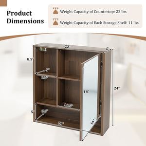 Wall-Mounted Mirror Cabinet with 2 Hidden Shelves and 3 Open Compartments-Walnut view 5