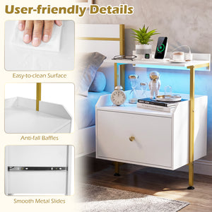 Wall-mounted Nightstand with LED Lights and Charging Station for Bedroom-White view 9