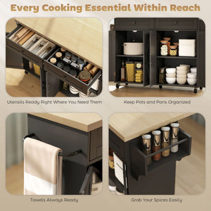 Kitchen Island with Storage, Rolling Kitchen Cart with Charging Station, Drop Leaf, Spice Rack, Towel Rack, Drawers
