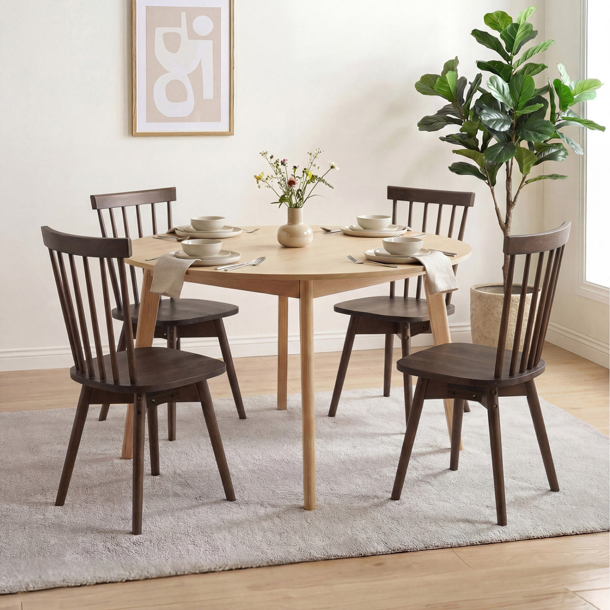 Windsor Dining Chairs Set of 4 Mid Century Rubber Wood Kitchen Chairs with Swivel Seat-Walnut view 2