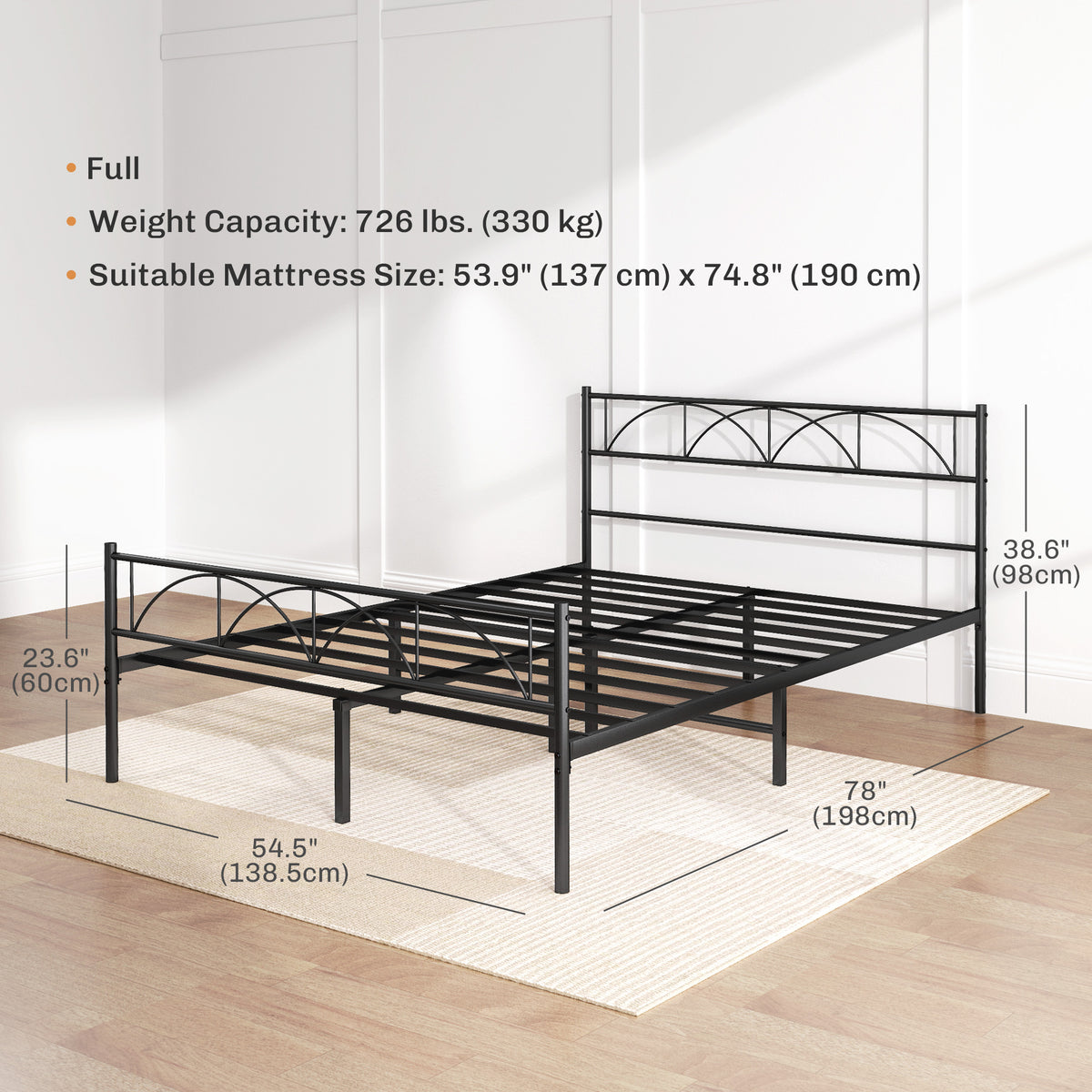 Metal Full Platform Bed Frame with Headboard, Steel Slat Support, Underbed Storage, No Box Spring Needed, Easy Assembly