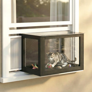 Catio Outdoor Cat Enclosure Adjustable Cat House Waterproof Top for Window 24" x18.5" x16.1" Black & White