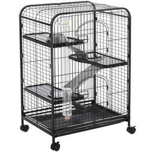 37"H Ferret Cage, 4-Tier Rolling Rabbit Ferret Chinchilla Squirrel Cage with Removable Tray, Platform, Ramp, Food Dish, Water Bottle, 24" x 17" x 37"