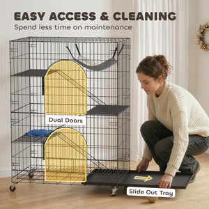 4-Tier Cat Cage, Large Cat Enclosure with Lockable Wheels, Tray, Hammock, Bed, 3 Ramp, 3 Platforms for 3-5 Kittens