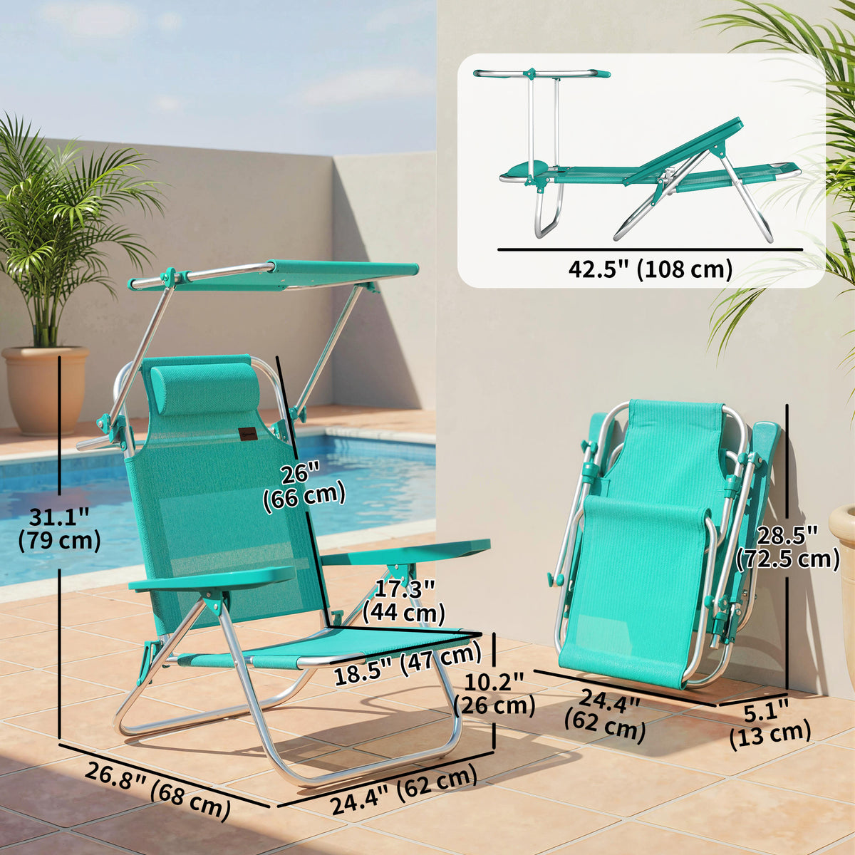 2 Piece Folding Beach Chairs with Adjustable Canopy, 6-Position Reclining Lounge Chair with Headrest, Turquoise