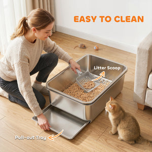Stainless Steel Litter Box, XL Sifting Cat Litter Box for Medium and Large Cat, Non-Sticky, Odour Free, Easy Clean