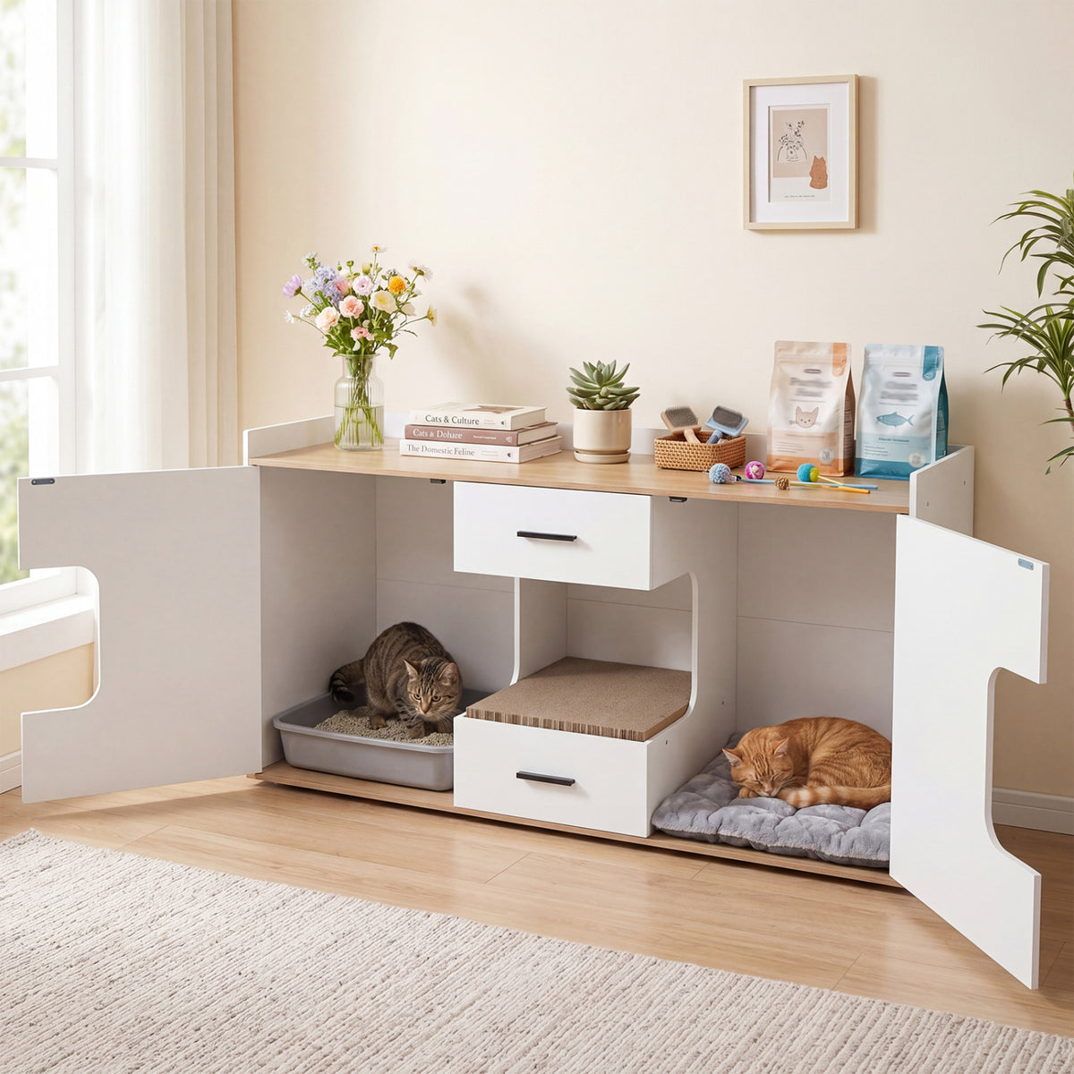 Wooden Hidden Cat House Cabinet with Wide Countertop 2 Drawers and 2 Doors-Natrual view 2