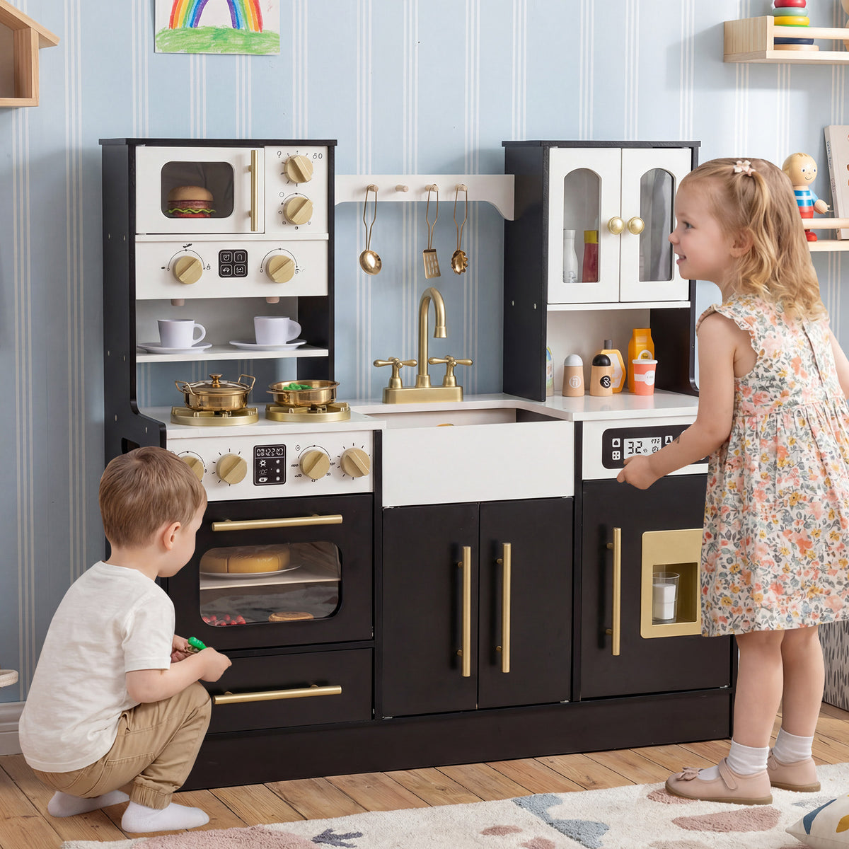 Wooden Kids Kitchen Playset with Realistic Lights and Sounds-Black view 2