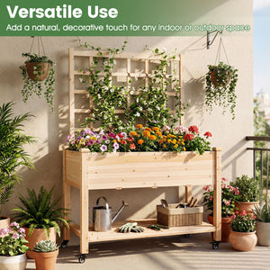 Wooden Mobile Raised Garden Bed on Wheels with Trellis-Natural view 7