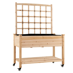 Wooden Mobile Raised Garden Bed on Wheels with Trellis-Natural