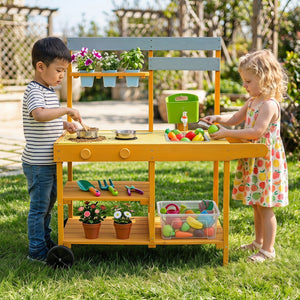 Wooden Outdoor Mud Kitchen for Kids with Flowerpots and Wheels-Yellow view 2