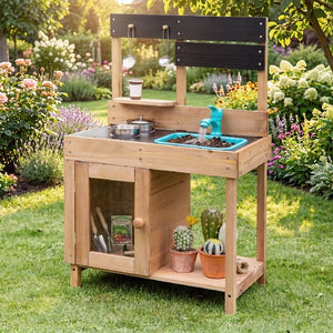 Wooden Play Pretend Kitchen with Stoves Storage Cabinet and Shelf view 2