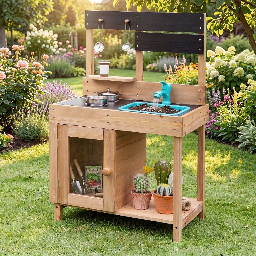 Wooden Play Pretend Kitchen with Stoves Storage Cabinet and Shelf view 2
