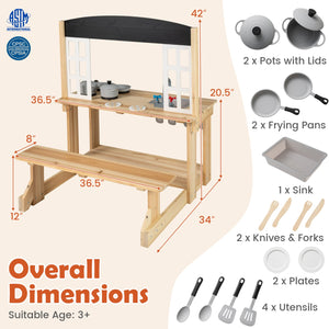 Wooden Pretend Play Kitchen with Bench and Cooking Accessories-Natural view 5