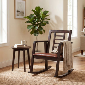 Wooden Rocking Chair with Upholstered Seat and Ladder Back for Living Room-Brown view 3