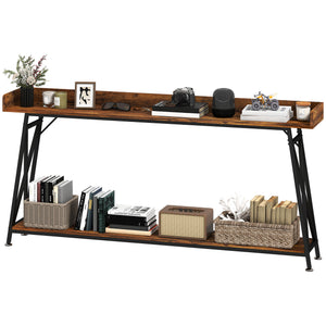 71" Extra Long Console Table with Storage Shelf and Guardrails, Industrial Entryway Table for Living Room, Rustic Brown