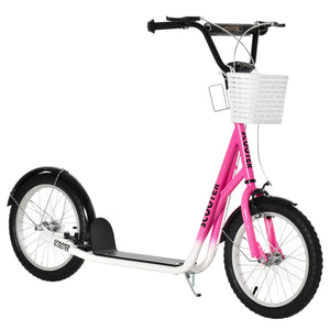 Aosom Kick Scooter with Adjustable Handlebar, Kids Scooter with 2 Brakes Basket Cupholder 16" Inflatable Rubber Tyres