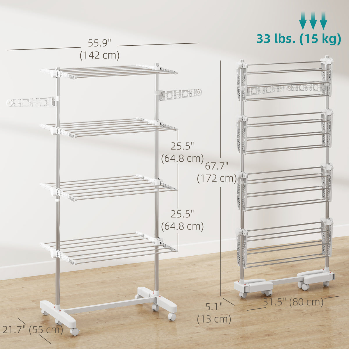Garment Drying Rack Stainless Steel Folding Clothes Hanging Rack with Side Wings Castors for Indoor Outdoor White