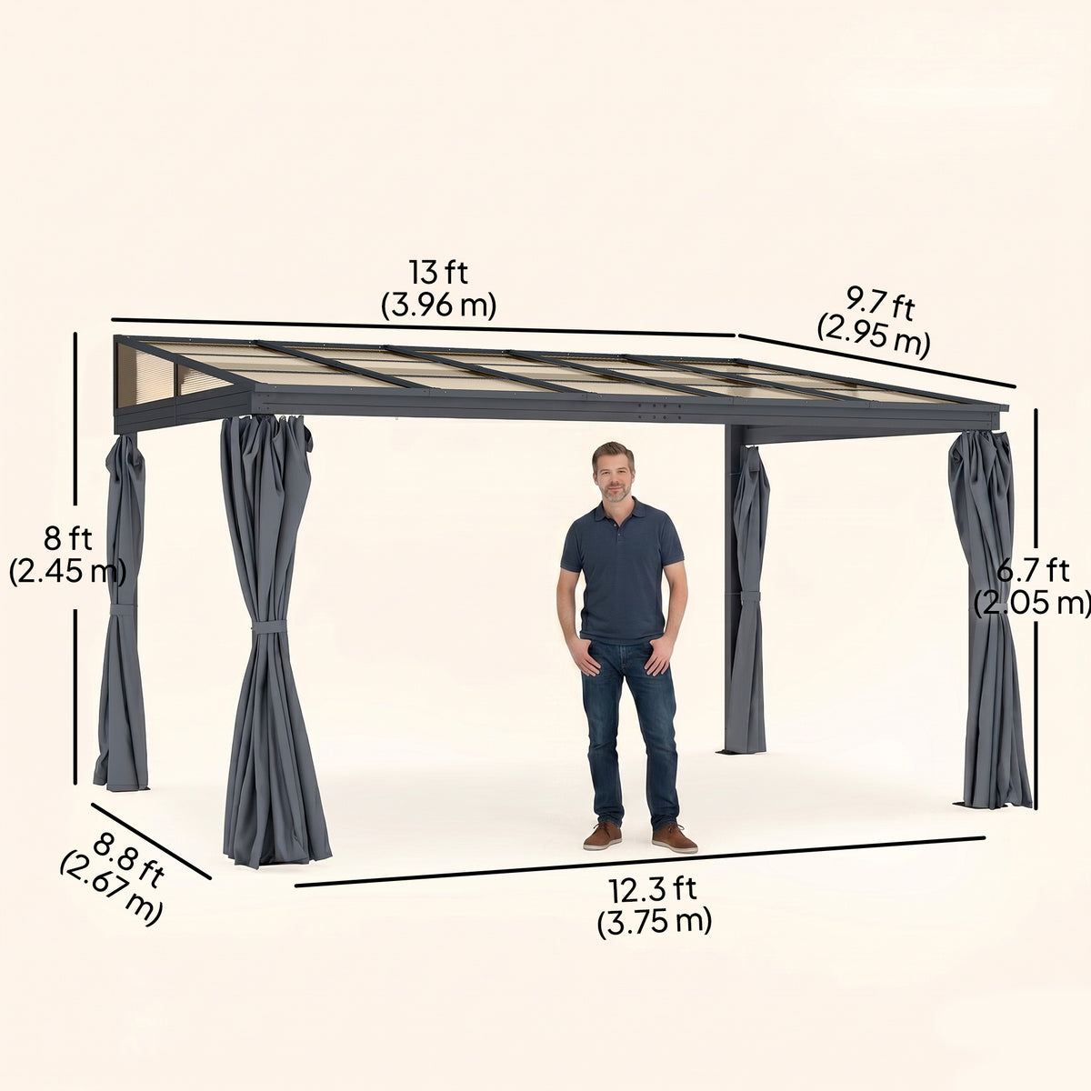 10' x 13' Outdoor Hardtop Pergola Gazebo with Polycarbonate Roof, UV Protection Sun Shelter with Curtains for Garden, Patio and Outdoor Events