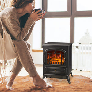 16" Freestanding Electric Fireplace Heater Fire Stove with Wood Burning Flame 750/1500W Black – view 7