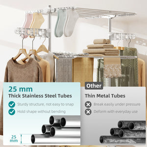 Garment Drying Rack Stainless Steel Folding Clothes Hanging Rack with Side Wings Castors for Indoor Outdoor White
